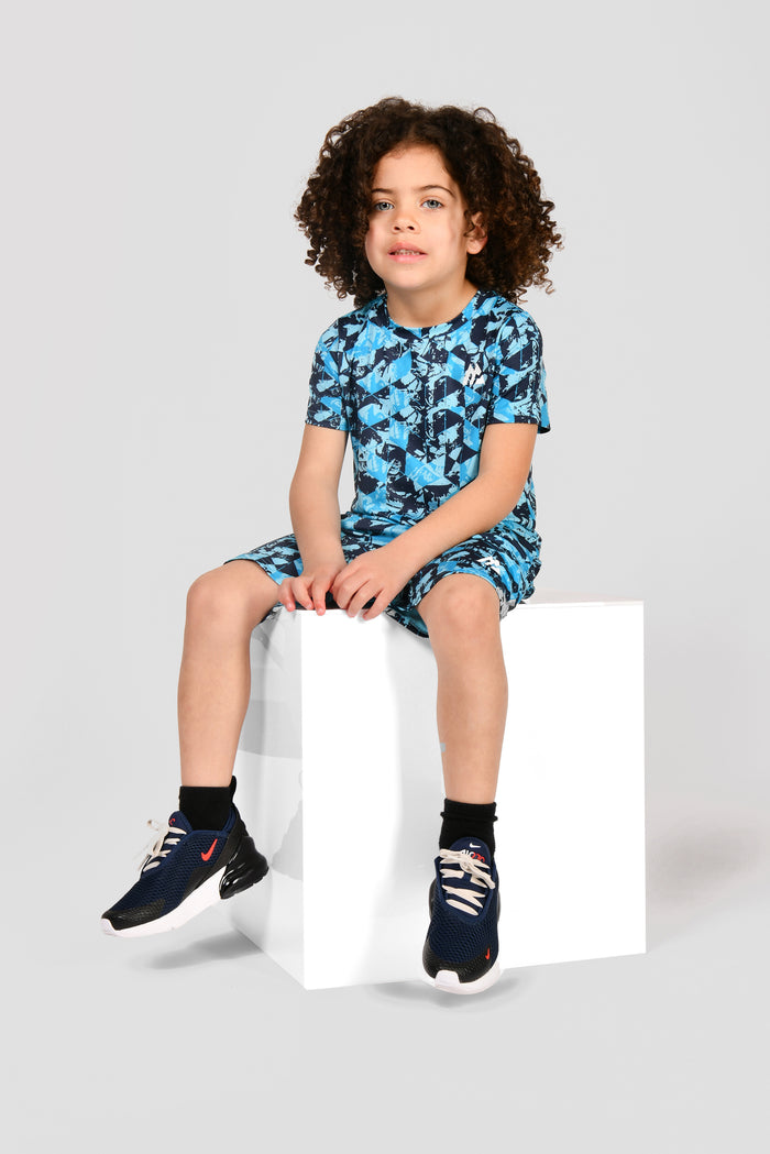 Infants Geo T-Shirt/Short Set - Midnight Blue/Maya Blue/Neon Sky