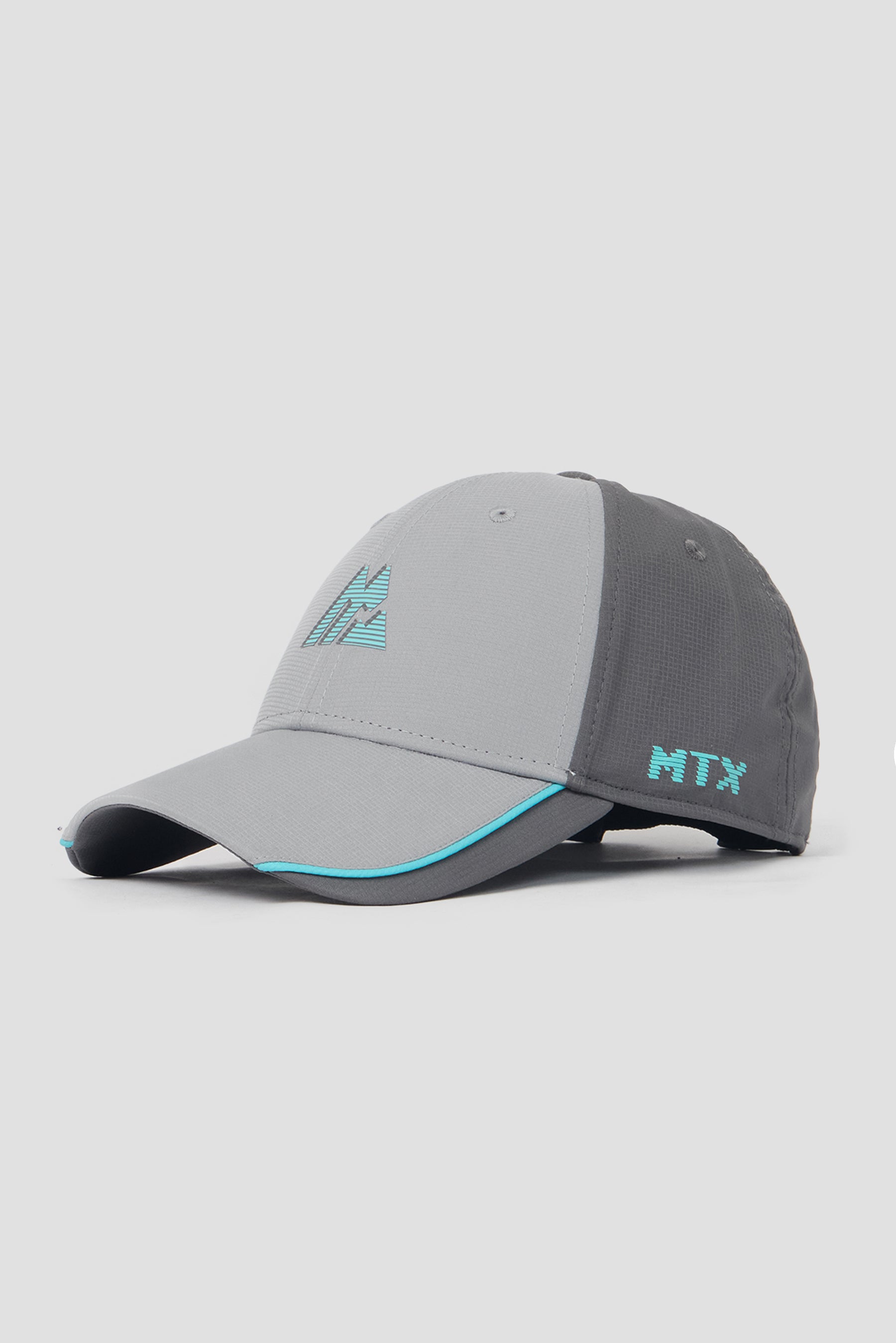 Gray cap with teal accents and branding on a light gray background