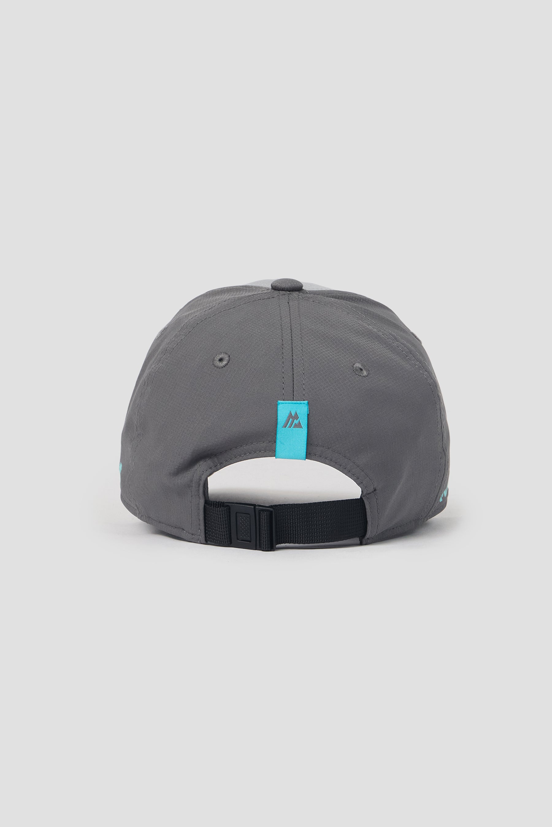 Gray cap with a blue tag on a light gray background